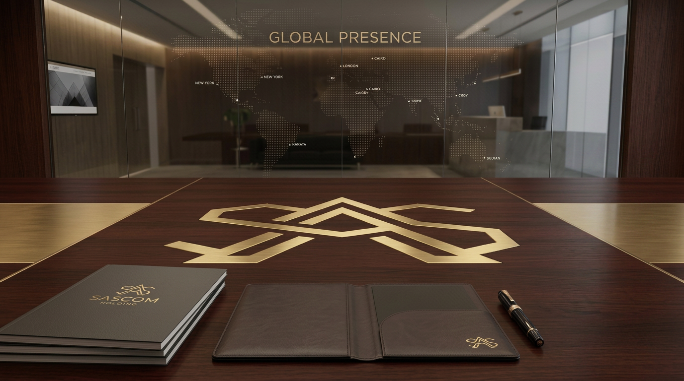 SASCOM boardroom with the brass group emblem inlaid in the walnut table